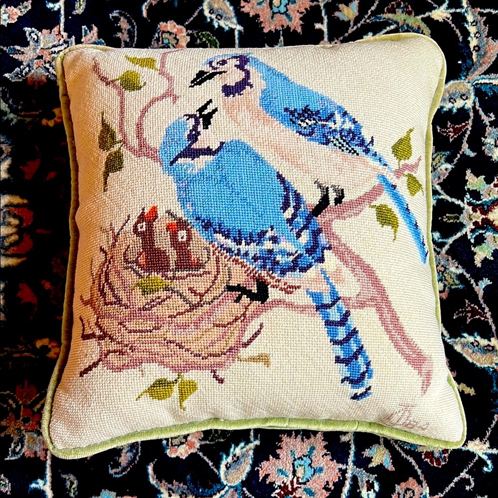 RARE Handmade fine mesh needlepoint square pillow -Bluebirds
